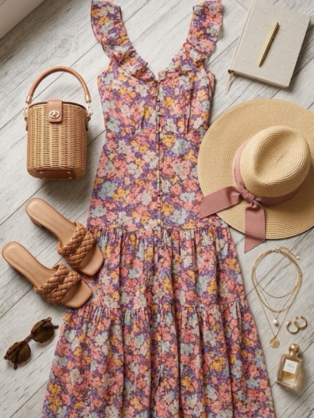 Veronica Beard Floral Midi Dress in Orange and Green
